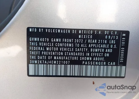 2014 Volkswagen Jetta 2.0L S из США, поврежденный, VIN 3VW2K7AJ4EM221007